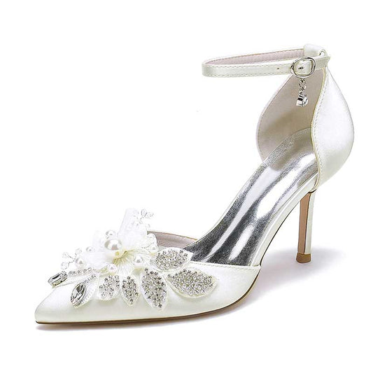 White Heels Wedding Shoes Rhinestone Appliqued Ankle Straps Bridal Pump