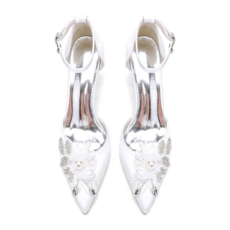 White Heels Wedding Shoes Rhinestone Appliqued Ankle Straps Bridal Pump