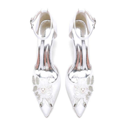 White Heels Wedding Shoes Rhinestone Appliqued Ankle Straps Bridal Pump