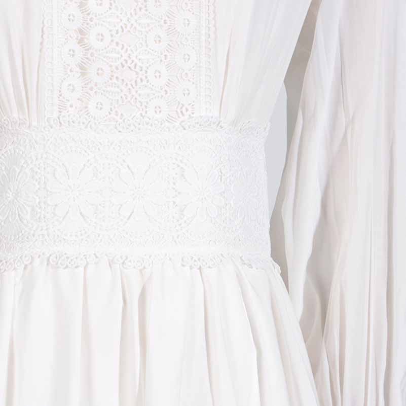 White Maxi Dress Standard Collar Lace Lantern Sleeved Long Dress