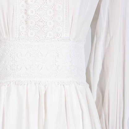 White Maxi Dress Standard Collar Lace Lantern Sleeved Long Dress