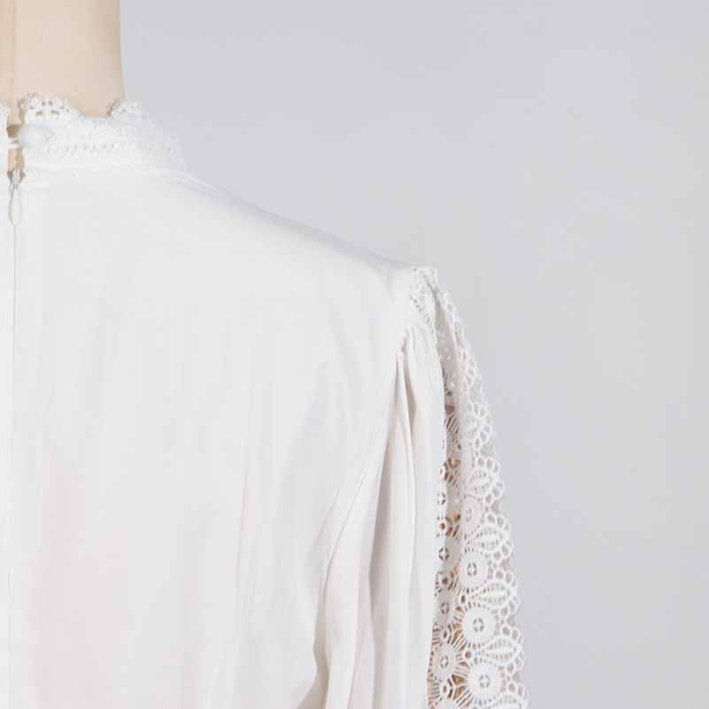 White Maxi Dress Standard Collar Lace Lantern Sleeved Long Dress