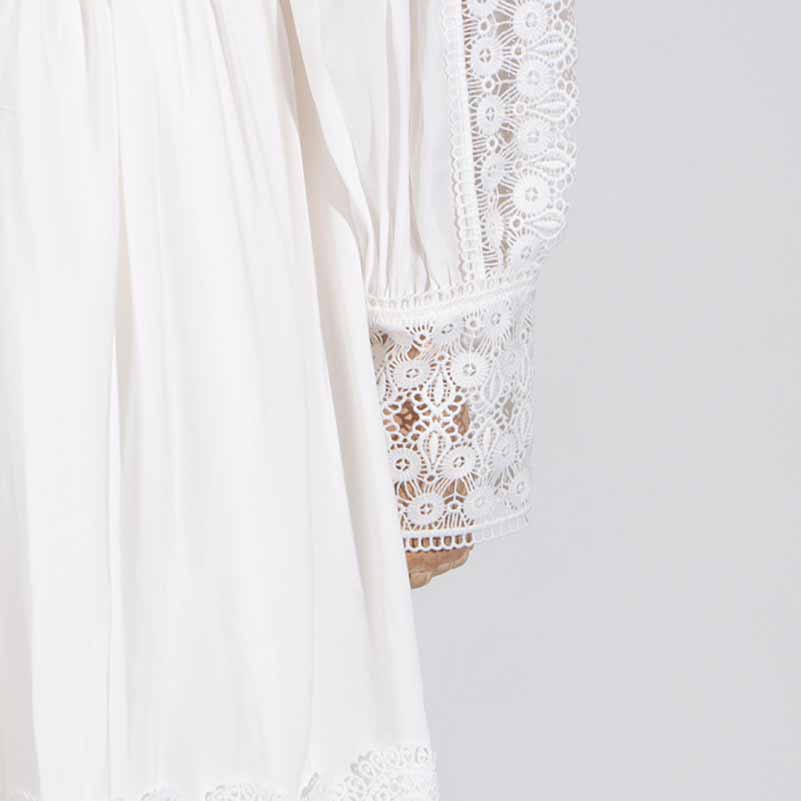 White Maxi Dress Standard Collar Lace Lantern Sleeved Long Dress