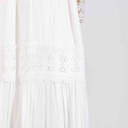 White Maxi Dress Standard Collar Lace Lantern Sleeved Long Dress