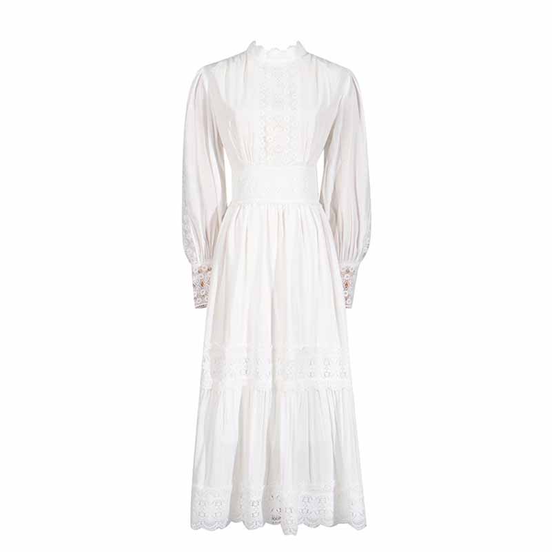 White Maxi Dress Standard Collar Lace Lantern Sleeved Long Dress