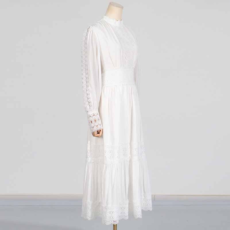 White Maxi Dress Standard Collar Lace Lantern Sleeved Long Dress