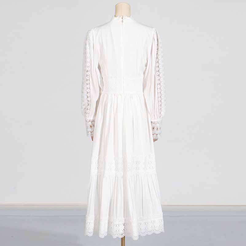 White Maxi Dress Standard Collar Lace Lantern Sleeved Long Dress