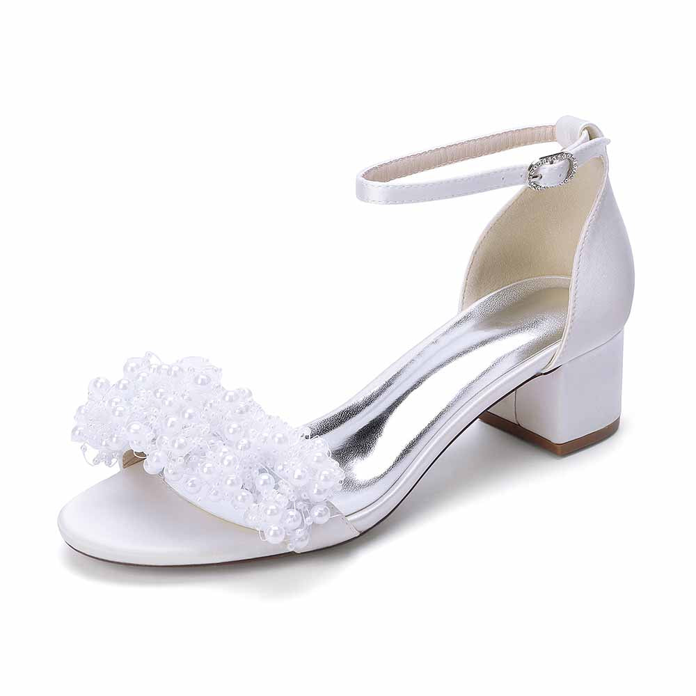 Women's Pearl Bridal Wedding Shoes Chunky Heel Ankle Strap Sandals for Party Evening