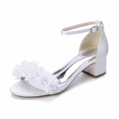 Women's Pearl Bridal Wedding Shoes Chunky Heel Ankle Strap Sandals for Party Evening