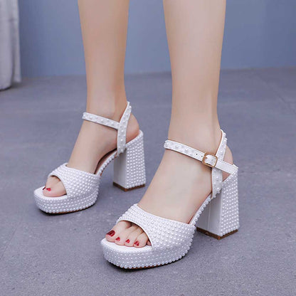 White Platform Wedding Shoes Pearls Bridal Sandals Chunky Prom Heels