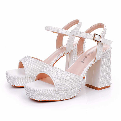 White Platform Wedding Shoes Pearls Bridal Sandals Chunky Prom Heels