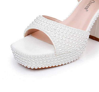 White Platform Wedding Shoes Pearls Bridal Sandals Chunky Prom Heels