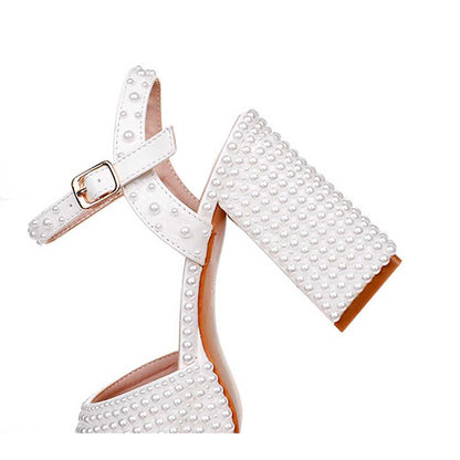 White Platform Wedding Shoes Pearls Bridal Sandals Chunky Prom Heels