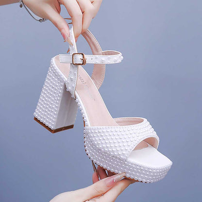 White Platform Wedding Shoes Pearls Bridal Sandals Chunky Prom Heels