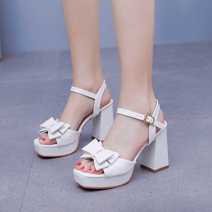 White Platform Wedding Shoes With Bow Block Heeled Bridal Sandals Shoes