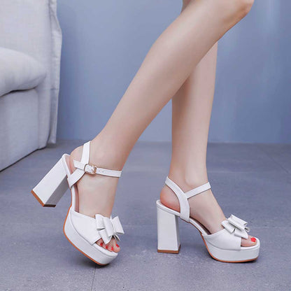 White Platform Wedding Shoes With Bow Block Heeled Bridal Sandals Shoes