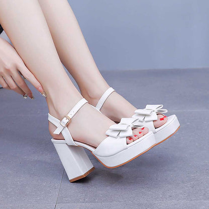 White Platform Wedding Shoes With Bow Block Heeled Bridal Sandals Shoes