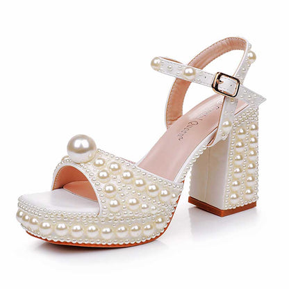 White Platform Wedding Shoes With Pearls Block Heeled Bridal Sandals Shoes
