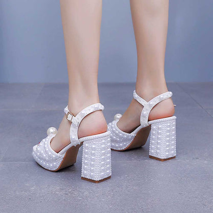 White Platform Wedding Shoes With Pearls Block Heeled Bridal Sandals Shoes