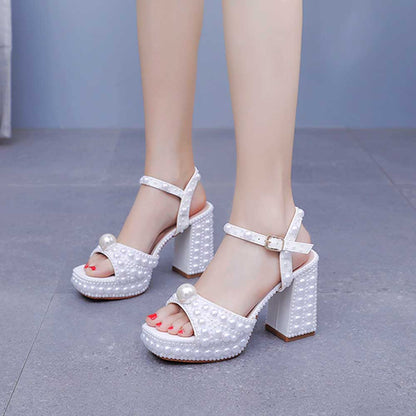 White Platform Wedding Shoes With Pearls Block Heeled Bridal Sandals Shoes