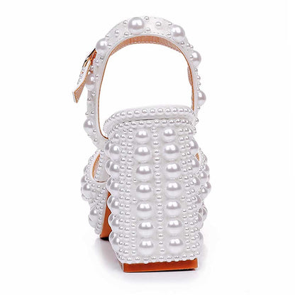 White Platform Wedding Shoes With Pearls Block Heeled Bridal Sandals Shoes