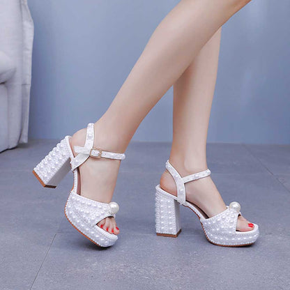 White Platform Wedding Shoes With Pearls Block Heeled Bridal Sandals Shoes