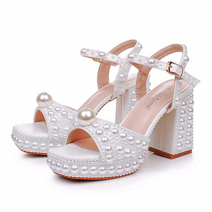 White Platform Wedding Shoes With Pearls Block Heeled Bridal Sandals Shoes