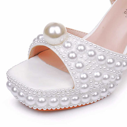 White Platform Wedding Shoes With Pearls Block Heeled Bridal Sandals Shoes
