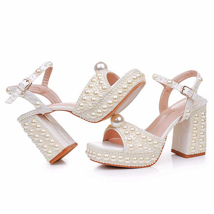 White Platform Wedding Shoes With Pearls Block Heeled Bridal Sandals Shoes