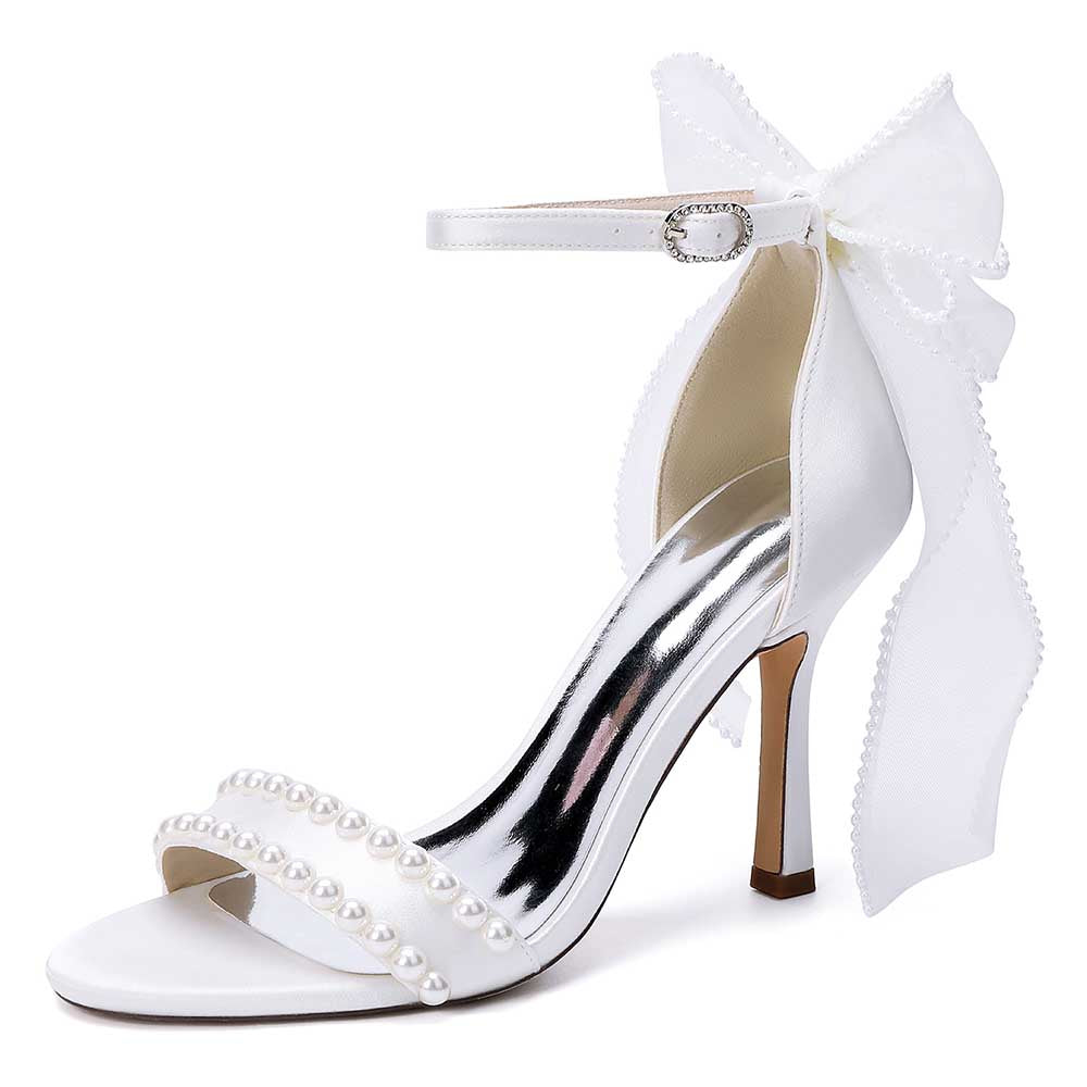 Satin Pearls Ankle Strap High Heels Bridal Shoes for Wedding Open Toe Formal Evening Dress Sandals