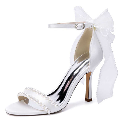 Satin Pearls Ankle Strap High Heels Bridal Shoes for Wedding Open Toe Formal Evening Dress Sandals