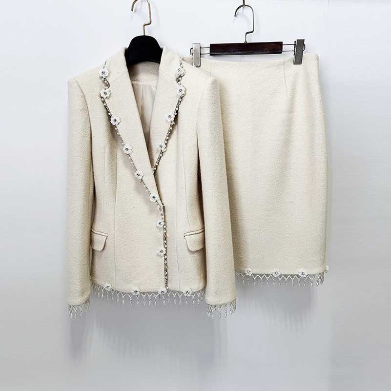 White Woolen Tweed Skirt Suit Pearl Fringe Blazer Set Elegant Two Piece Set