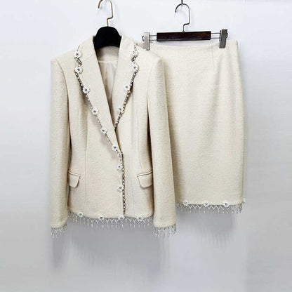 White Woolen Tweed Skirt Suit Pearl Fringe Blazer Set Elegant Two Piece Set