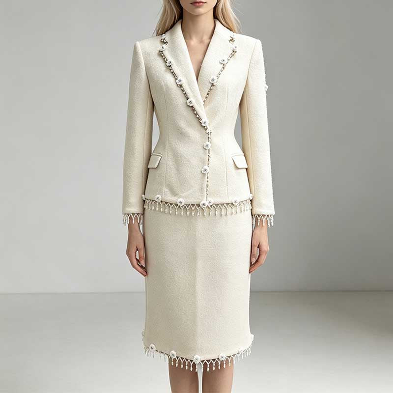 White Woolen Tweed Skirt Suit Pearl Fringe Blazer Set Elegant Two Piece Set