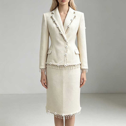 White Woolen Tweed Skirt Suit Pearl Fringe Blazer Set Elegant Two Piece Set