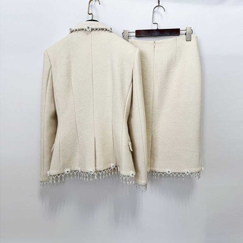 White Woolen Tweed Skirt Suit Pearl Fringe Blazer Set Elegant Two Piece Set