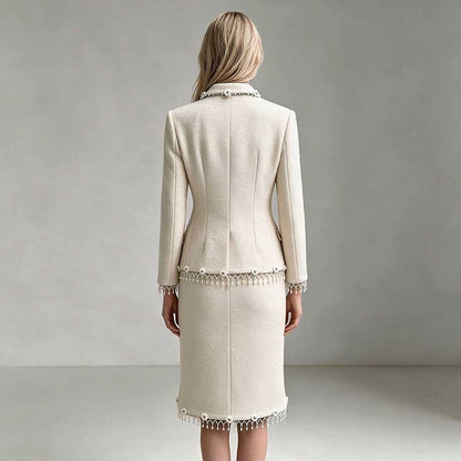White Woolen Tweed Skirt Suit Pearl Fringe Blazer Set Elegant Two Piece Set