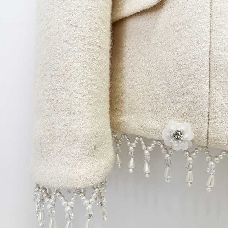 White Woolen Tweed Skirt Suit Pearl Fringe Blazer Set Elegant Two Piece Set