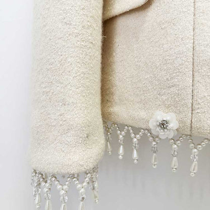 White Woolen Tweed Skirt Suit Pearl Fringe Blazer Set Elegant Two Piece Set