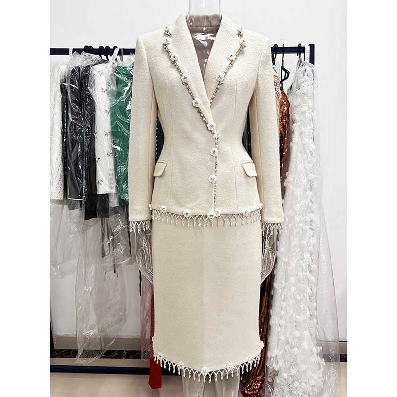 White Woolen Tweed Skirt Suit Pearl Fringe Blazer Set Elegant Two Piece Set