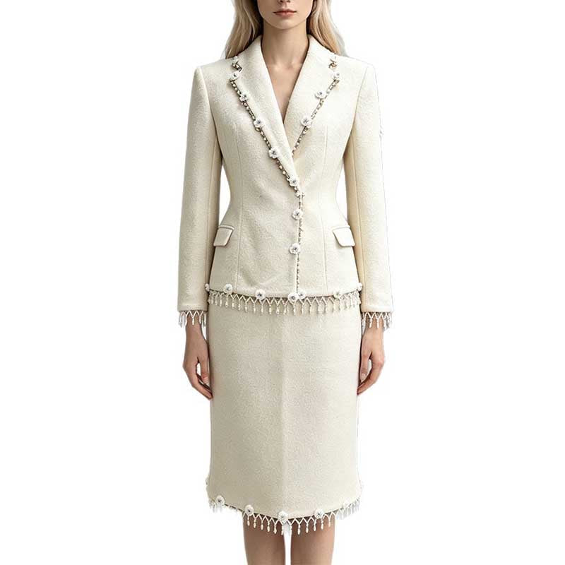 White Woolen Tweed Skirt Suit Pearl Fringe Blazer Set Elegant Two Piece Set