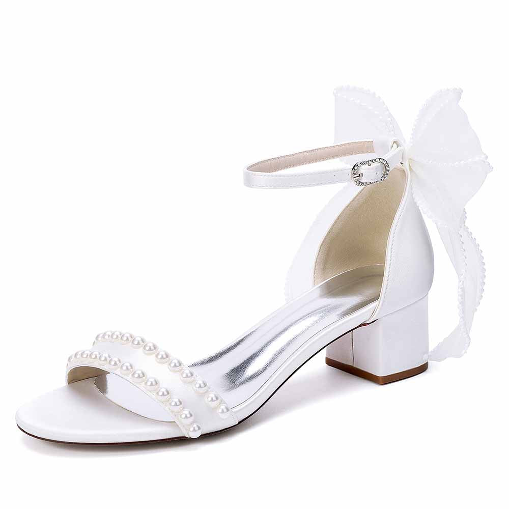 Women's Pearl Bridal Sandals with Bowknot, Block Heel Ankle Strap Wedding Shoes