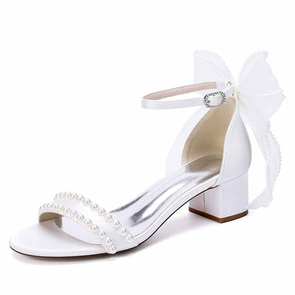 Women's Pearl Bridal Sandals with Bowknot, Block Heel Ankle Strap Wedding Shoes
