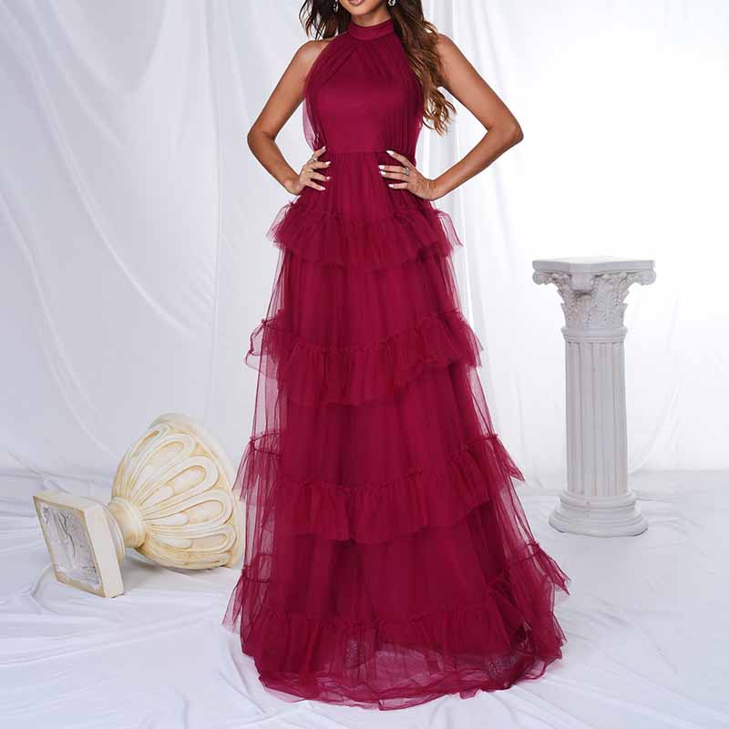 Wine Red Bridesmaid Halter Dress Tulle Long Prom Dress A-Line Beach Ball Gown