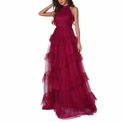 Wine Red Bridesmaid Halter Dress Tulle Long Prom Dress A-Line Beach Ball Gown