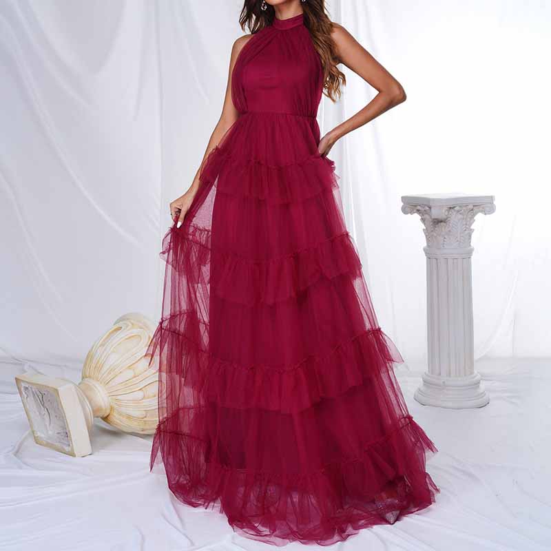 Wine Red Bridesmaid Halter Dress Tulle Long Prom Dress A-Line Beach Ball Gown