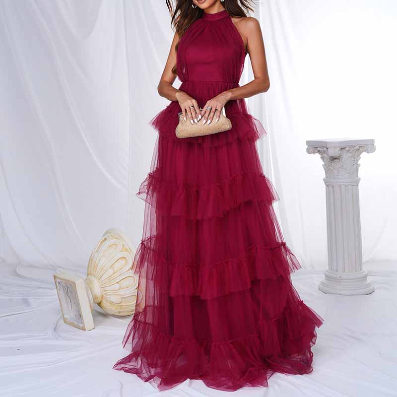 Wine Red Bridesmaid Halter Dress Tulle Long Prom Dress A-Line Beach Ball Gown