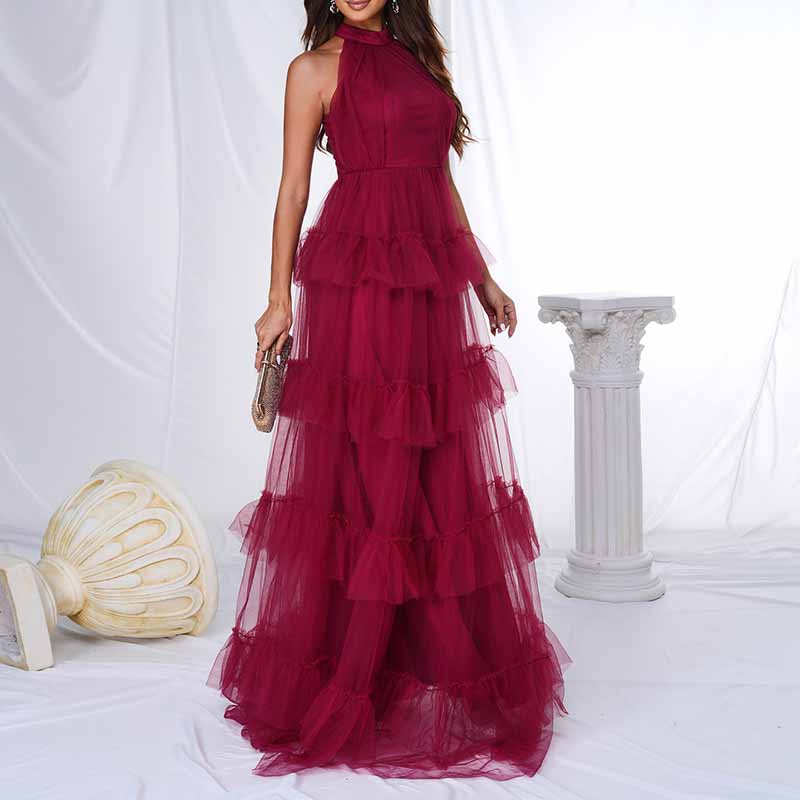 Wine Red Bridesmaid Halter Dress Tulle Long Prom Dress A-Line Beach Ball Gown