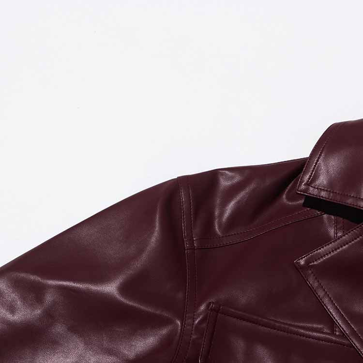 Wine Red Faux Leather Cropped Jacket Oversized One Button Coat