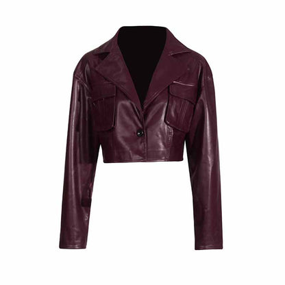 Wine Red Faux Leather Cropped Jacket Oversized One Button Coat